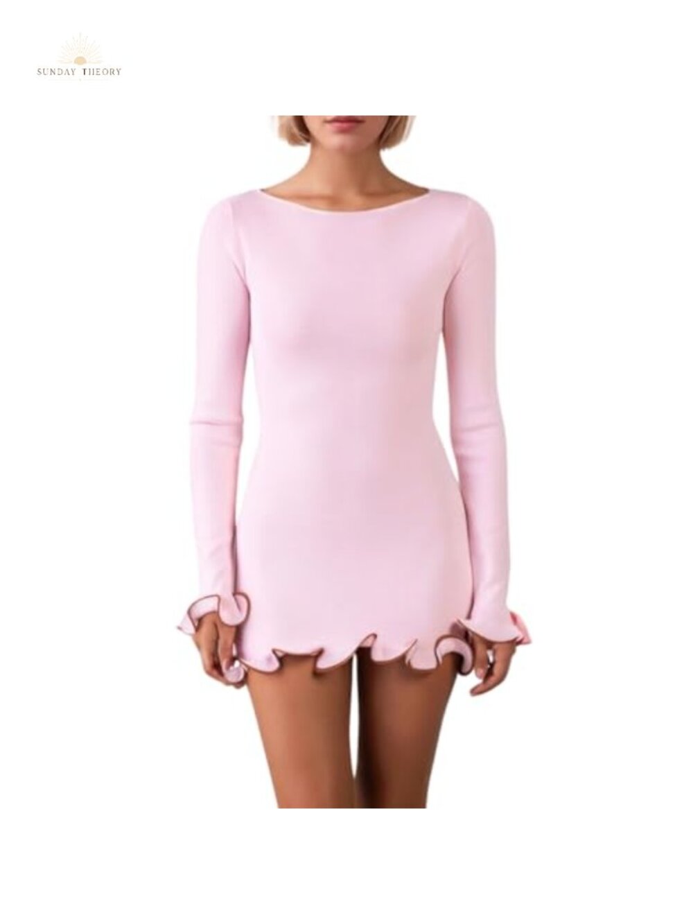 Naileksi Elegant Ruffle Hem Knit Mini Dress Long Sleeve Contrast Patchwork